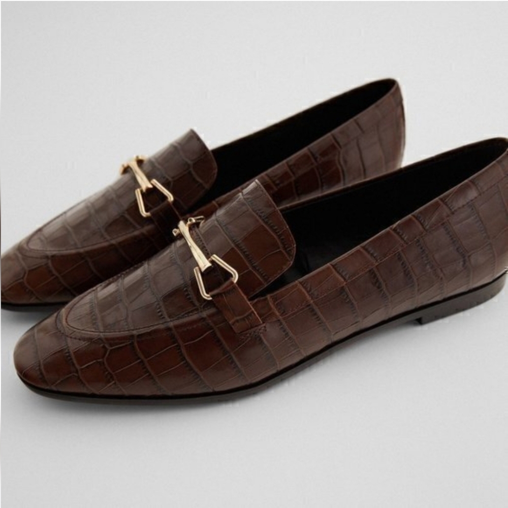 Zara Buckle Brown Crocodile  Embossed Loafers